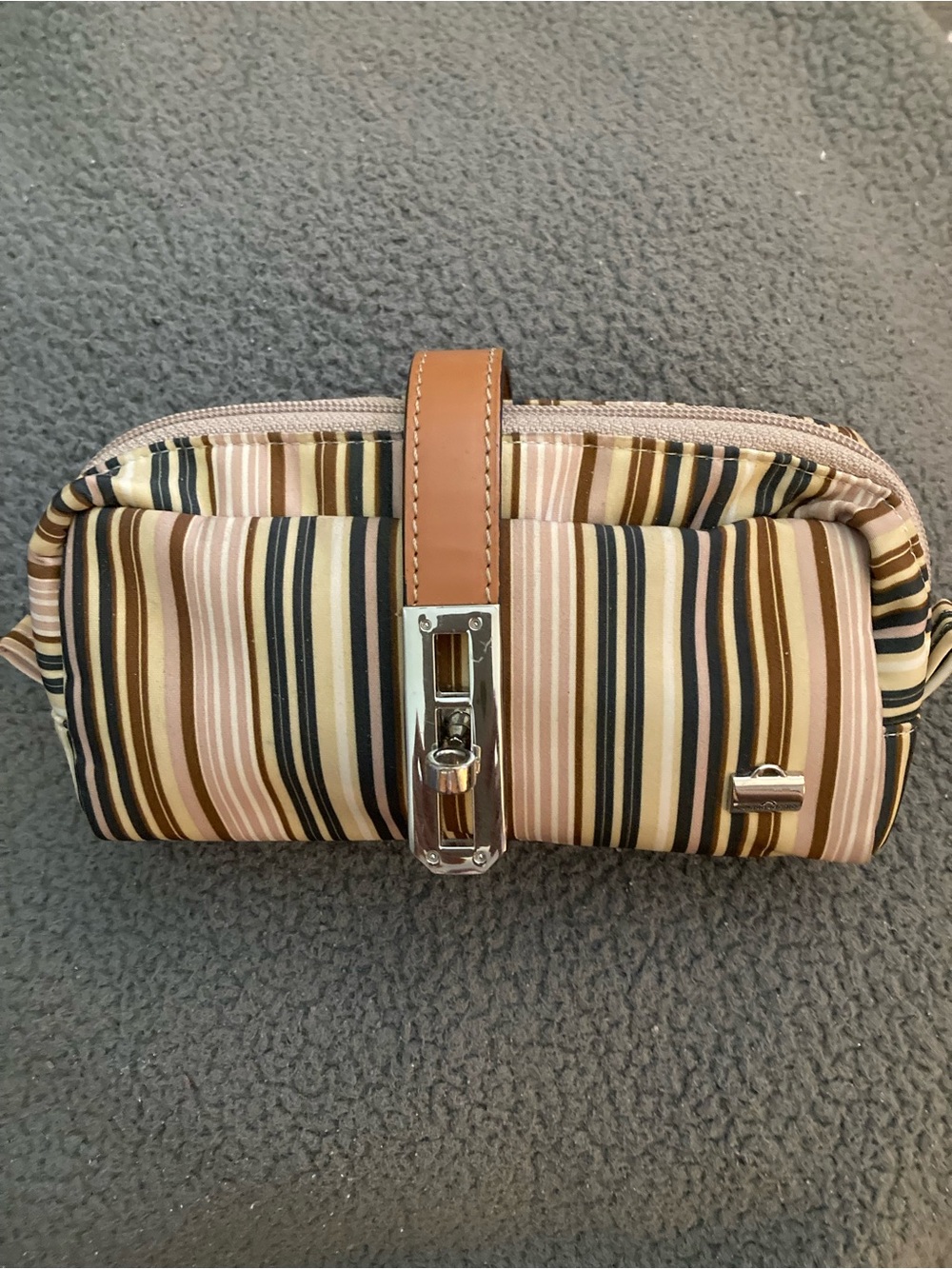 Striped Brown & Tan Cosmetic Pouch with Leather Strap - Unbranded